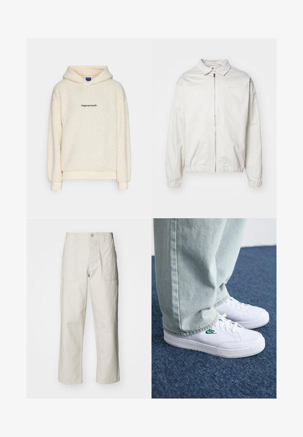White, lightweight Nike jacket with a collared neckline, front zipper, elastic cuffs, and a small logo on the left chest. Smooth texture.; Cream-colored sherpa fleece hoodie with "Originals Studio" printed in black on the chest, featuring long sleeves and a front hood.; Light beige wide-leg pants made of cotton. Features front pockets and a button closure. Smooth texture with subtle vertical lines.; White leather sneakers with green Nike logo, round toe, flat sole, paired with light blue denim pants, shown on a blue carpet.