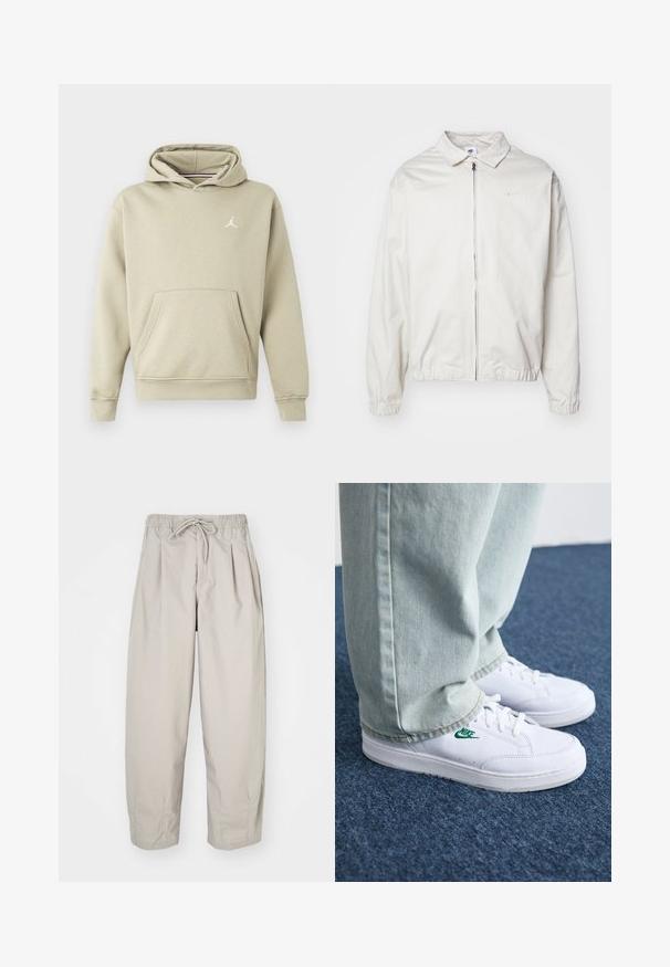 White, lightweight Nike jacket with a collared neckline, front zipper, elastic cuffs, and a small logo on the left chest. Smooth texture.; Hooded sweatshirt in light beige cotton blend, featuring a front pocket and a white Jordan logo on the chest. Soft texture, standard fit.; Beige, lightweight trousers with an elastic waistband and drawstring. Features pleats and a loose fit, crafted from soft, smooth fabric.; White leather sneakers with green Nike logo, round toe, flat sole, paired with light blue denim pants, shown on a blue carpet.