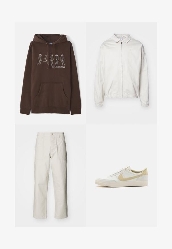 Jachetă Nike albă, ușoară, cu guler, fermoar frontal, manșete elastice și un logo mic pe pieptul stâng. Textură netedă.; Hanorac maro cu glugă și șnur, buzunar frontal și design din linie albă care înfățișează figuri. Prezintă logo-ul "KID SUPER STUDIOS".; Pantaloni wide-leg de culoare bej deschis, confecționați din bumbac. Dispun de buzunare frontale și închidere cu nasture. Textură netedă cu linii verticale subtile.; Tenisi din piele albă cu talpă off-white, accente bej deschis și suprafață texturată. Prezintă un sistem de șireturi central și un logo proeminent pe lateral.