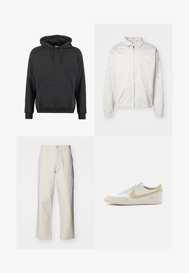 Biela, ľahká bunda Nike s golierom, predným zipsom, elastickými manžetami a malým logom na ľavej strane hrudníka. Hladká textúra.; Čierna kapucňová mikina vyrobená z mäkkej látky, s kloktacou vreckom, rebrovanými manžetami a nastaviteľnými šnúrkami na kapucni.; Svetlosivé široké nohavice vyrobené z bavlny. Majú predné vrecká a zapínanie na gombík. Hladká textúra so subtílnymi vertikálnymi pruhmi.; Biele kožené tenisky s off-white podrážkou, svetlobéžovými akcentmi a textúrovaným povrchom. Obsahujú centrálne šnurovanie a výrazné bočné logo.