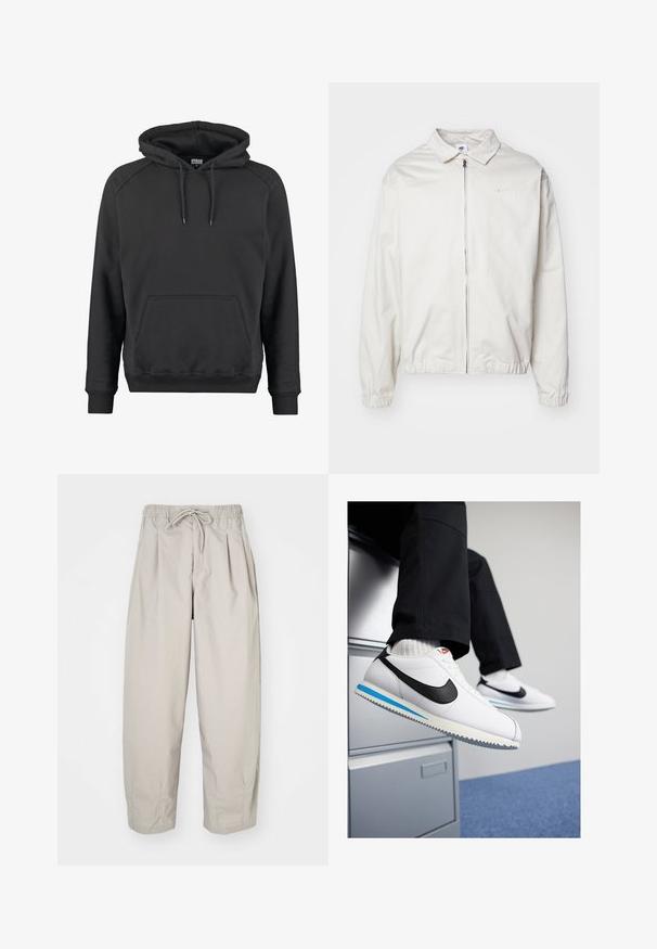 Fehér, könnyű Nike dzseki, galléros nyakkal, elöl cipzárral, elasztikus mandzsettákkal és kis logóval a bal melle részén. Simaszerű textúra.; Fekete kapucnis pulóver puha szövetből, kanguru zsebbel, bordázott mandzsettával és állítható húzózsinórral a kapucnin.; Beige, könnyű nadrág, rugalmas derékkal és zsinórral. Ráncokkal és laza szabással rendelkezik, puha, sima anyagból készült.; Fehér bőr sportcipő fekete Nike logóval, világoskék és szürke gumitalppal, valamint klasszikus fűzős kialakítással. A lábak egy iratmegőrző szekrényen pihennek.