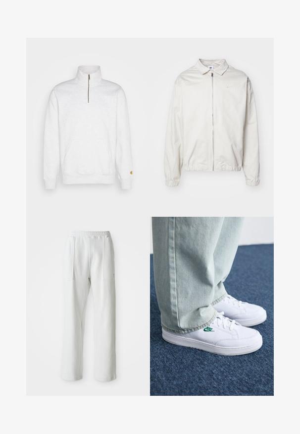 Casaco Nike branco e leve, com gola, fecho frontal, punhos elásticos e um pequeno logótipo no lado esquerdo do peito. Textura suave.; Sweatshirt branco com fecho zip, colarinho alto, bolso frontal tipo canguru, punhos canelados e um pequeno logótipo na manga esquerda. Textura de tecido suave.; Calças brancas casuais com um cós elástico e grandes bolsos frontais, exibidas sobre um fundo claro e liso.; Tênis de couro brancos com logo verde da Nike, bico redondo, sola plana, combinados com calças de denim azul claro, exibidos sobre um tapete azul.