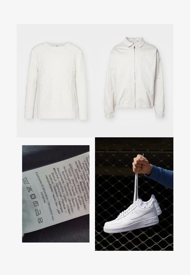 Balta, lengva Nike striukė su apykakle, priekiniais užtrauktuku, elastingomis rankogaliais ir maža logotipu kairiajame krūtinės kampe. Lygus paviršius.; Baltas megztinis, turintis klasiką primenantį apvalų kaklą, tekstūruotas paviršius ir virvę primenančius raštus priekyje ir ant rankovių.; Žymėjimo etiketė su daugiakalbiais tekstais, priežiūros simboliais ir perdirbimo ikonėmis, atspausdinta minkštu, audeklo tipo medžiagos šviesiais atspalviais.; Balti odiniai sportiniai bateliai su perforacijomis, apvalia nosimi, plokščiu padu ir storomis raištelėmis, su matomu swoosh logotipu ir "AIR" ant kulno.