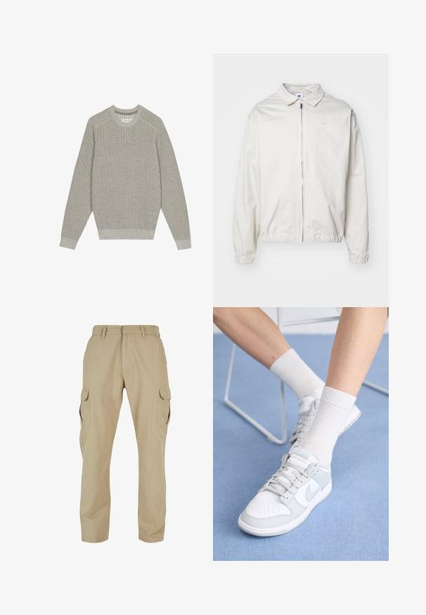 Valge, kerge Nike jakk, milles on krae, ees lukk, elastsed mansetid ja väike logo vasakul rinnal. Sile tekstuur.; Hele halli kudumüts ribatekstuuriga, ümar kaelus ja pikad varrukad. Lihtne disain, elastsed äärised, minimaalne detailirohkuses.; Beige cargo püksid, mis on valmistatud puuvillast twill-kangast, mitmete küljetaskutega, sirge jala disainiga ja lukuga põhipaela ning vöökandjatega.; Valged tennisetossud helesiniste detailidega, nahast ülemine osa, perforeeritud varvas, paksed lingid ja ribakujulised valged sokid sinise tausta vastu.