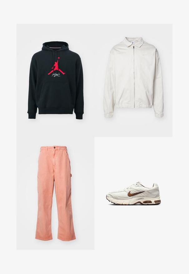 Bijela, lagana Nike jakna s ovratnikom, prednjim patentnim zatvaračem, elastičnim rukavima i malim logom na lijevoj strani prsa. Glatka tekstura.; Crna dukserica s kapuljačom, napravljena od pamuka, s prednjim džepom. Ima crveni Jumpman logo i bijeli tekst "Flight" ispod njega. Stil povlačenja s kapuljačom na vezanje.; Hlače od pamuka u boji breskve. Imaju zak closing dugme, široke noge i bočne džepove za praktičnost. Glatka tekstura, ležeran dizajn.; Nike tenisice u bež boji s teksturiranim mrežastim gornjim dijelom, smešnim akcentima i podstavljenom potplatom. Lagani dizajn s okruglim vrhom i vezanjem.