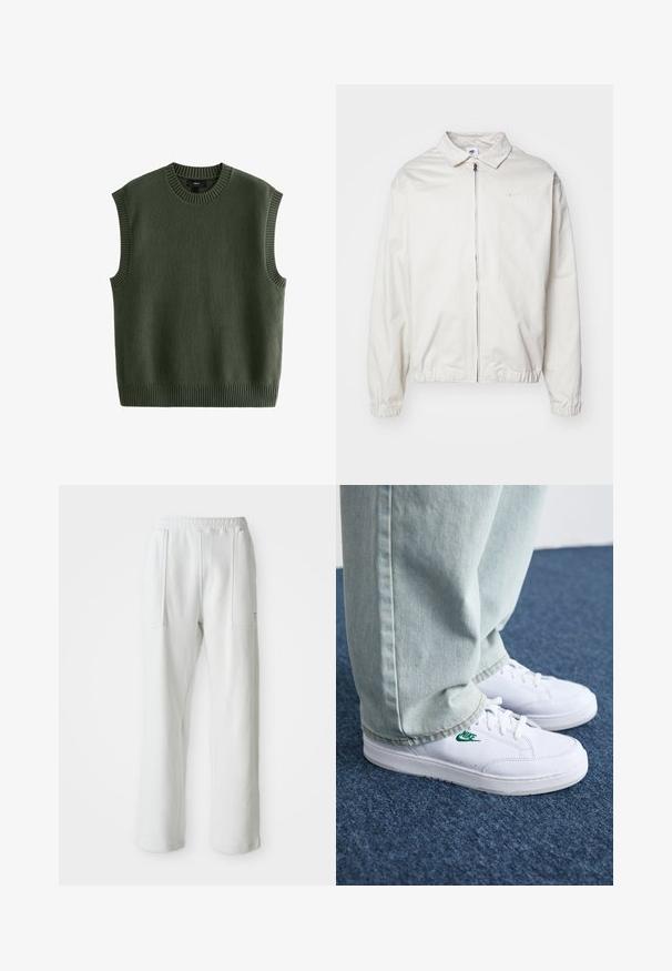 Witte, lichte Nike-jack met een kraag, een rits aan de voorkant, elastische manchetten en een klein logo op de linkerkant van de borst. Glad oppervlak.; Next REGULAR FIT CREW NECK - Trui - green; Witte casual broek met een elastische tailleband en grote voorzakken, weergegeven op een effen lichte achtergrond.; Witte leren sneakers met groen Nike-logo, ronde neus, platte zool, gedragen met lichtblauwe denim broek, weergegeven op een blauwe vloerkleed.