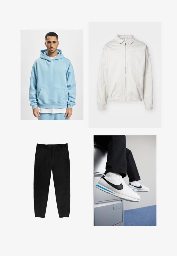 Giacca Nike bianca, leggera, con colletto, zip frontale, polsini elasticizzati e un piccolo logo sul lato sinistro del petto. Texture liscia.; Felpa blu chiaro in tessuto morbido, con tasca a marsupio, cappuccio con cordini e polsini a coste. Indossata sopra una maglietta bianca.; Pantaloni neri con cintura elastica e coulisse, gamba affusolata, tasche laterali e sottili dettagli di cucitura laterale. Tessuto in cotone morbido.; Sneakers in pelle bianca con uno swoosh Nike nero, suola in gomma leggera blu e grigia, e un classico design con lacci. I piedi poggiano su un armadietto.