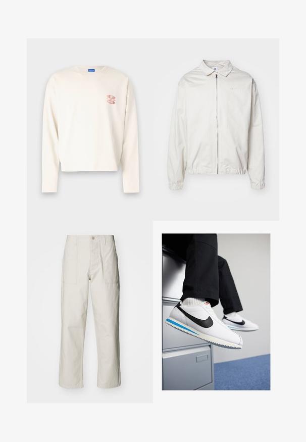 Weiße, leichte Nike-Jacke mit kragenförmigem Ausschnitt, Reißverschluss vorne, elastischen Bündchen und einem kleinen Logo auf der linken Brust. Glatte Textur.; Langärmliges cremfarbenes Baumwoll-T-Shirt mit einem verkürzten Design, das ein pinkes Grafiklogo auf der linken Brust und einen klassischen Rundhalsausschnitt aufweist.; Helle beige weit geschnittene Hose aus Baumwolle. Verfügt über Fronttaschen und einen Knopfverschluss. Glatte Textur mit dezenten vertikalen Streifen.; Weisse Ledersneaker mit schwarzem Nike-Swoosh, hellblauem und grauem Gummisohle sowie klassischem Schnürdesign. Füße ruhen auf einem Aktenschrank.