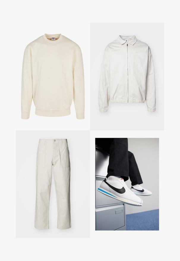 Chaqueta blanca y ligera de Nike con cuello tipo camisa, cremallera frontal, puños elásticos y un pequeño logotipo en el lado izquierdo del pecho. Textura suave.; Sudadera color crema con cuello y puños acanalados. Presenta un corte holgado, textura suave y sin patrones o gráficos visibles.; Pantalones de pierna ancha color beige claro, hechos de algodón. Cuentan con bolsillos frontales y cierre de botón. Textura suave con sutiles líneas verticales.; Zapatillas blancas de cuero con un swoosh negro de Nike, suela de goma en azul claro y gris, y un diseño clásico de cordones. Pies apoyados en un archivero.