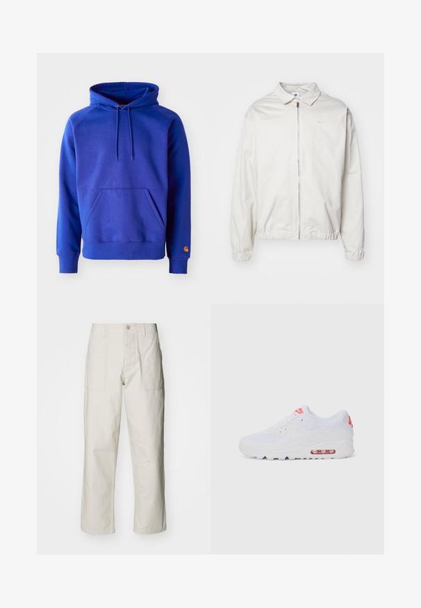 Veste Nike blanche et légère avec un col, fermeture éclair à l'avant, poignets élastiques et un petit logo sur la poitrine gauche. Texture lisse.; Hoodie en coton bleu avec une grande poche avant, capuche ajustable par cordons et poignets côtelés. Présente un logo orange sur le bas de la manche.; Pantalons larges beige clair en coton. Dotés de poches avant et d'une fermeture à bouton. Texture lisse avec de légères lignes verticales.; Baskets de sport blanches avec une tige lisse, un système de laçage, une semelle rembourrée et une unité d'air visible avec des accents rouges sur le logo.