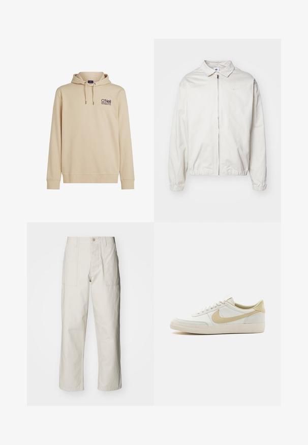 Valge, kerge Nike jakk, milles on krae, ees lukk, elastsed mansetid ja väike logo vasakul rinnal. Sile tekstuur.; Beež kapuutsiga dressipluus, millel on esikott, paelaga kapuuts ja tikitud O'Neill logo. Pehme kangas koos ribakudumisega varrukenottide ja hemiga.; Heledbeez värvi laiad püksid, mis on valmistatud puuvillast. Omavad esi-taskuid ja nupuga sulgemist. Sile tekstuur, millel on õrnad vertikaalsed jooned.; Valge nahast toss, millel on kreemjas valge tall ja heledat beeži tooni aktsendid, samuti tekstuuriga pind. Omab keskel paiknevaid nööre ja silmapaistvat külgmise logo.