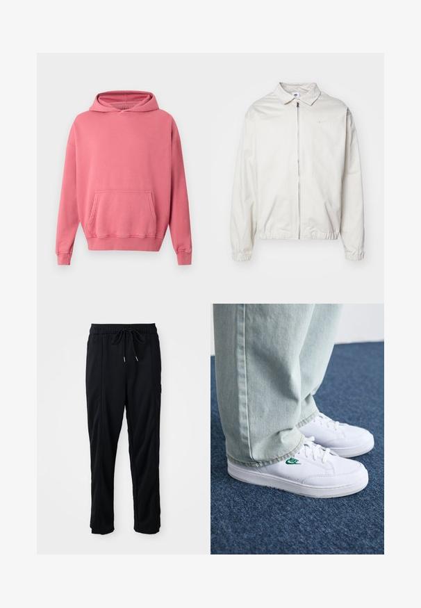 Veste Nike blanche et légère avec un col, fermeture éclair à l'avant, poignets élastiques et un petit logo sur la poitrine gauche. Texture lisse.; Sweat-shirt à capuche rose avec une poche kangourou, des poignets et un ourlet côtelés. Fabriqué en tissu doux et texturé. Design simple, sans logos ni motifs visibles.; Pantalons décontractés noirs à taille à cordon de serrage avec poches latérales et coupe droite sur fond uni.; Baskets en cuir blanc avec logo Nike vert, bout rond, semelle plate, associées à un pantalon en denim bleu clair, présentées sur un tapis bleu.
