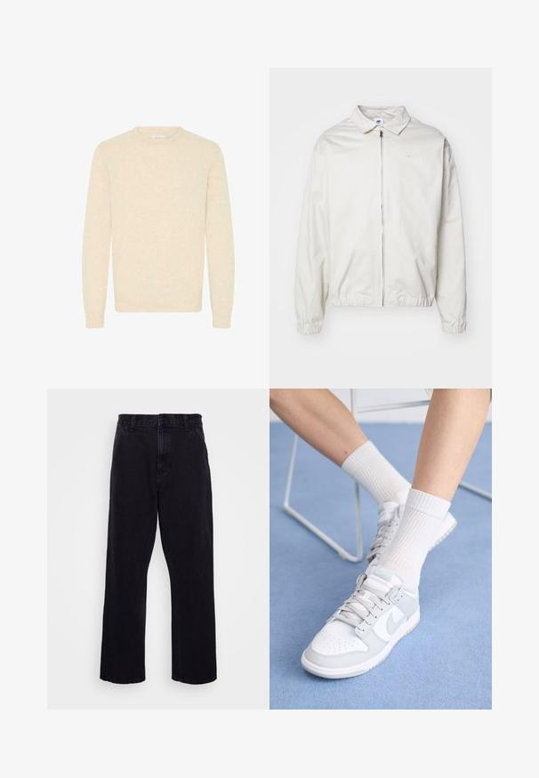Jachetă Nike albă, ușoară, cu guler, fermoar frontal, manșete elastice și un logo mic pe pieptul stâng. Textură netedă.; Pulover bej deschis confecționat dintr-un material tricotat moale, având un guler rotund și mâneci lungi, cu manșete și tiv cu model reflex.; Pantaloni din denim negri cu un design drept, dotati cu inchidere cu nasture si fermoar, bucle pentru centura si detalii minime de cusatura.; Sneakers albe cu accente bleu deschis, partea superioară din piele, vârf perforat, șireturi groase și șosete albe cu fandare, pe un fundal albastru.