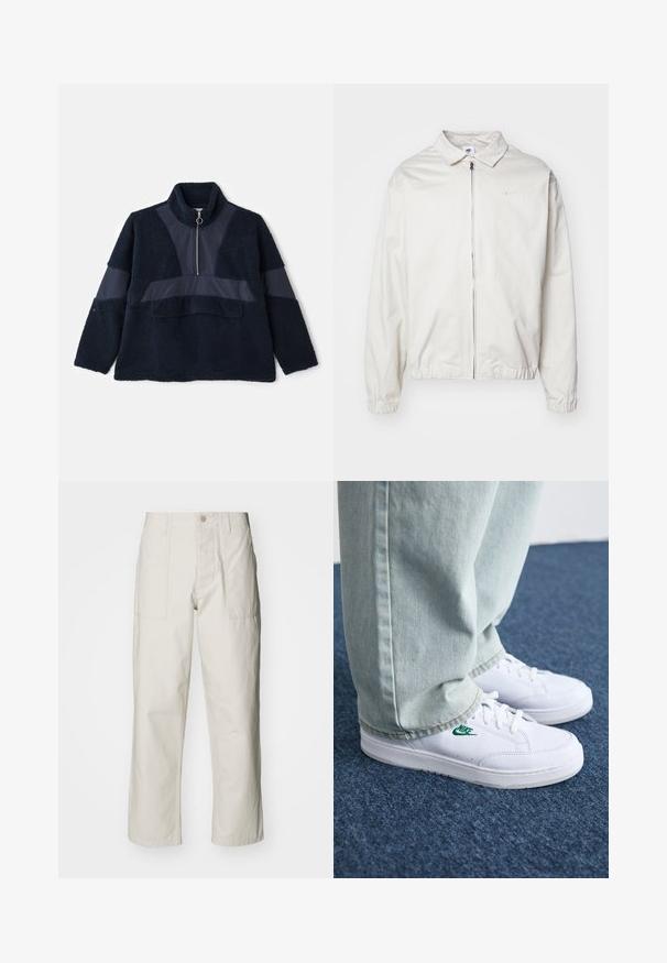 White, lightweight Nike jacket with a collared neckline, front zipper, elastic cuffs, and a small logo on the left chest. Smooth texture.; Navy fleece pullover with a high collar, half zip, and contrasting smooth fabric panels. Soft texture and relaxed fit enhance comfort.; Light beige wide-leg pants made of cotton. Features front pockets and a button closure. Smooth texture with subtle vertical lines.; White leather sneakers with green Nike logo, round toe, flat sole, paired with light blue denim pants, shown on a blue carpet.