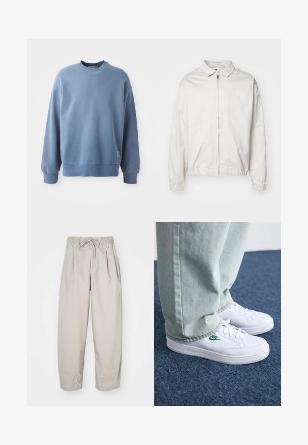 Fehér, könnyű Nike dzseki, galléros nyakkal, elöl cipzárral, elasztikus mandzsettákkal és kis logóval a bal melle részén. Simaszerű textúra.; Világoskék, puha anyagból készült pulóver, kerek nyakú, hosszú ujjaival, bordás mandzsettával és hemel, egy kis logócímmel az alján.; Beige, könnyű nadrág, rugalmas derékkal és zsinórral. Ráncokkal és laza szabással rendelkezik, puha, sima anyagból készült.; Fehér bőr sportcipők zöld Nike logóval, kerek orral, lapos talppal, világoskék farmernadrággal párosítva, kék szőnyegen bemutatva.