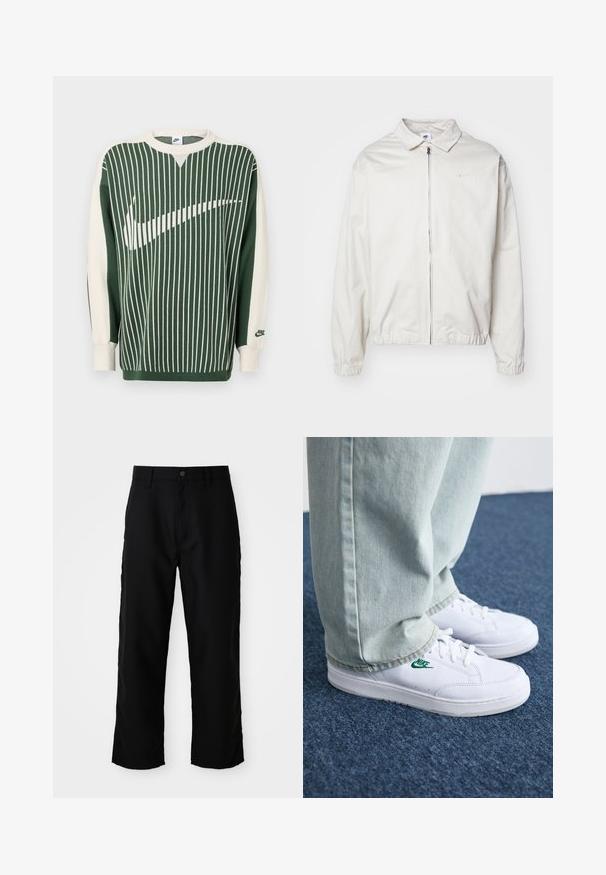 Fehér, könnyű Nike dzseki, galléros nyakkal, elöl cipzárral, elasztikus mandzsettákkal és kis logóval a bal melle részén. Simaszerű textúra.; Zöld és krémszínű kötött pulóver függőleges csíkokkal, nagy fehér Nike logóval, bordázott mandzsettákkal és kerek nyakkivágással.; Fekete, egyenes szabású nadrág övbucokkal, elülső gombbal és cipzáras záródással, világos, egyszínű háttéren.; Fehér bőr sportcipők zöld Nike logóval, kerek orral, lapos talppal, világoskék farmernadrággal párosítva, kék szőnyegen bemutatva.