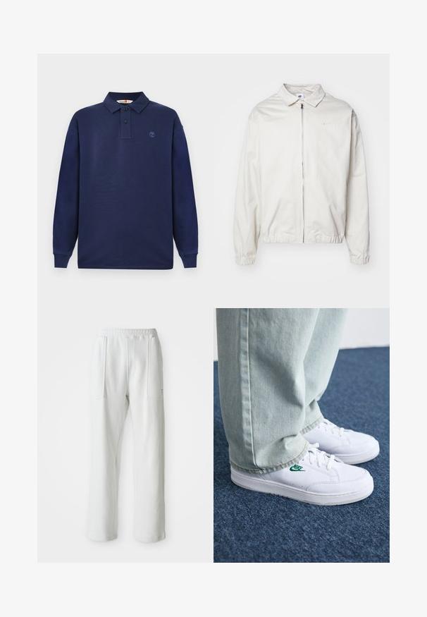 Casaco Nike branco e leve, com gola, fecho frontal, punhos elásticos e um pequeno logótipo no lado esquerdo do peito. Textura suave.; Polo de manga longa azul-marinho feito de algodão, com uma pala de três botões e um pequeno logótipo no lado esquerdo do peito. Textura suave.; Calças brancas casuais com um cós elástico e grandes bolsos frontais, exibidas sobre um fundo claro e liso.; Tênis de couro brancos com logo verde da Nike, bico redondo, sola plana, combinados com calças de denim azul claro, exibidos sobre um tapete azul.