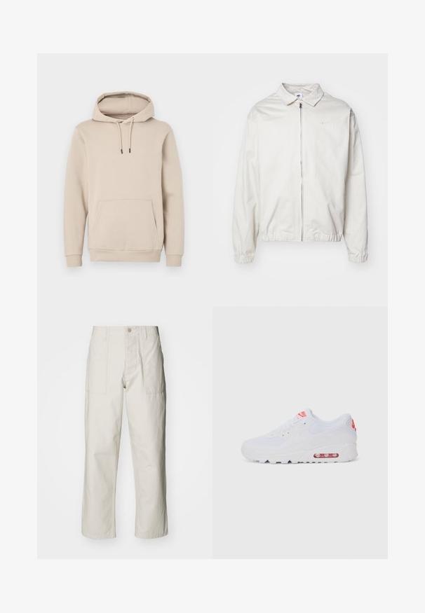 Chaqueta blanca y ligera de Nike con cuello tipo camisa, cremallera frontal, puños elásticos y un pequeño logotipo en el lado izquierdo del pecho. Textura suave.; Sudadera con capucha en color beige claro, hecha de una tela suave. Presenta un bolsillo frontal tipo canguro y cordones ajustables con puntas negras. Puños acanalados.; Pantalones de pierna ancha color beige claro, hechos de algodón. Cuentan con bolsillos frontales y cierre de botón. Textura suave con sutiles líneas verticales.; Zapatilla deportiva blanca con una parte superior lisa, cierre de cordones, suela acolchada y una unidad de aire visible con acentos rojos en la marca.