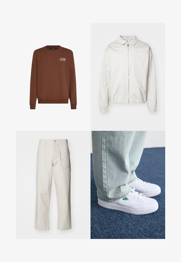 Veste Nike blanche et légère avec un col, fermeture éclair à l'avant, poignets élastiques et un petit logo sur la poitrine gauche. Texture lisse.; Sweatshirt marron à manches longues et col rond côtelé. Présente un logo brodé blanc sur la poitrine gauche. Tissu doux avec une texture lisse.; Pantalons larges beige clair en coton. Dotés de poches avant et d'une fermeture à bouton. Texture lisse avec de légères lignes verticales.; Baskets en cuir blanc avec logo Nike vert, bout rond, semelle plate, associées à un pantalon en denim bleu clair, présentées sur un tapis bleu.