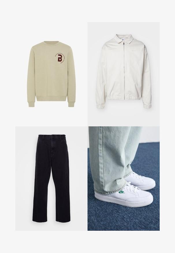 Jachetă Nike albă, ușoară, cu guler, fermoar frontal, manșete elastice și un logo mic pe pieptul stâng. Textură netedă.; Hanorac bej cu guler rotund, mâneci lungi și manșete ribbate. Prezintă o literă 'B' brodă din bordeaux și un detaliu textual circular.; Tricou alb din bumbac, cu mâneci scurte și guler rotund. Prezintă un mic logo Nike, discret, pe piept și o eticheta pe lateral.; Pantaloni din denim negri cu un design drept, dotati cu inchidere cu nasture si fermoar, bucle pentru centura si detalii minime de cusatura.; Adidași din piele albă cu logo-ul Nike verde, vârf rotund, talpă plată, asortați cu pantaloni din denim bleu deschis, prezentați pe un covor albastru.