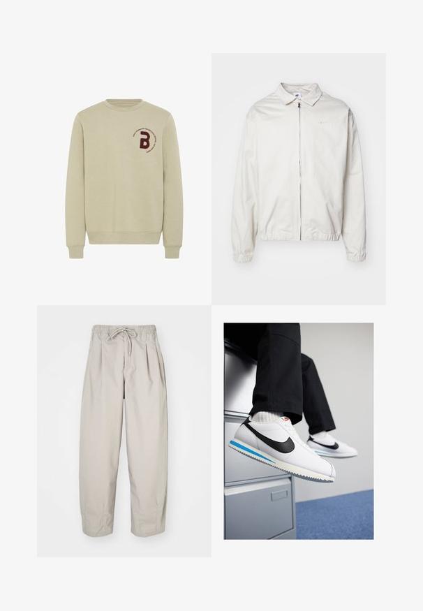 Hvit, lett Nike-jakke med kragehals, glidelås foran, elastiske mansjetter og en liten logo på venstre bryst. Glatt tekstur.; Beige sweatshirt med rund hals, lange ermer og ribbede mansjetter. Har en maroon brodert bokstav "B" og en sirkulær tekstdetalj.; Beige, lette bukser med elastisk midje og snor. Har folder og løs passform, laget av myk og glatt stoff.; Hvite lær sneakers med en svart Nike swoosh, lys blå og grå gummisåle, og klassisk snøring. Føttene hviler på et arkivskap.