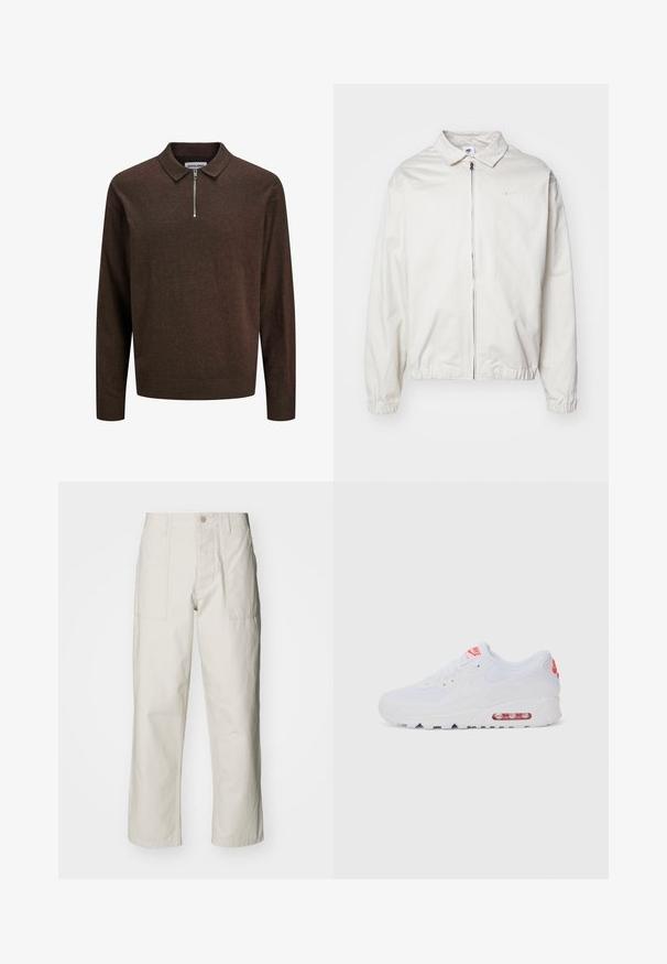 Giacca Nike bianca, leggera, con colletto, zip frontale, polsini elasticizzati e un piccolo logo sul lato sinistro del petto. Texture liscia.; Pullover lavorato a maglia marrone scuro a maniche lunghe con colletto e zip frontale a metà, con polsini e orlo a coste, etichettato JACK & JONES.; Pantaloni a gamba larga beige chiaro in cotone. Presentano tasche frontali e chiusura con bottone. Tessuto liscio con sottili linee verticali.; Sneaker atletica bianca con tomaia liscia, chiusura con lacci, suola ammortizzata e un'unità d'aria visibile con accenti rossi sul branding.