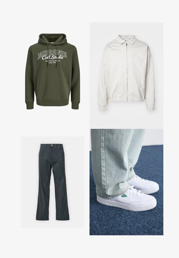 Giacca Nike bianca, leggera, con colletto, zip frontale, polsini elasticizzati e un piccolo logo sul lato sinistro del petto. Texture liscia.; Felpa verde oliva con cappuccio e coulisse, caratterizzata da una stampa grafica bianca che include il testo "JACK&JONES Coll. Studio." Tessuto morbido, vestibilità comoda.; Pantaloni neri con taglio dritto, realizzati in tessuto misto cotone. Presentano una chiusura con bottone metallico e tasche laterali. Nessun motivo visibile.; Sneakers in pelle bianca con logo Nike verde, punta rotonda, suola piatta, abbinati a pantaloni in denim azzurro, mostrati su un tappeto blu.