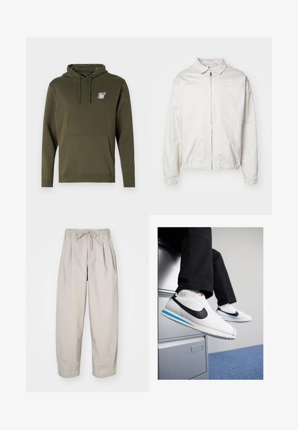 White, lightweight Nike jacket with a collared neckline, front zipper, elastic cuffs, and a small logo on the left chest. Smooth texture.; Olive green cotton hoodie with a front pocket, drawstring hood, and a white embroidered logo on the chest. Smooth texture and regular fit.; Beige, lightweight trousers with an elastic waistband and drawstring. Features pleats and a loose fit, crafted from soft, smooth fabric.; White leather sneakers with a black Nike swoosh, light blue and grey rubber sole, and classic lace-up design. Feet resting on a filing cabinet.
