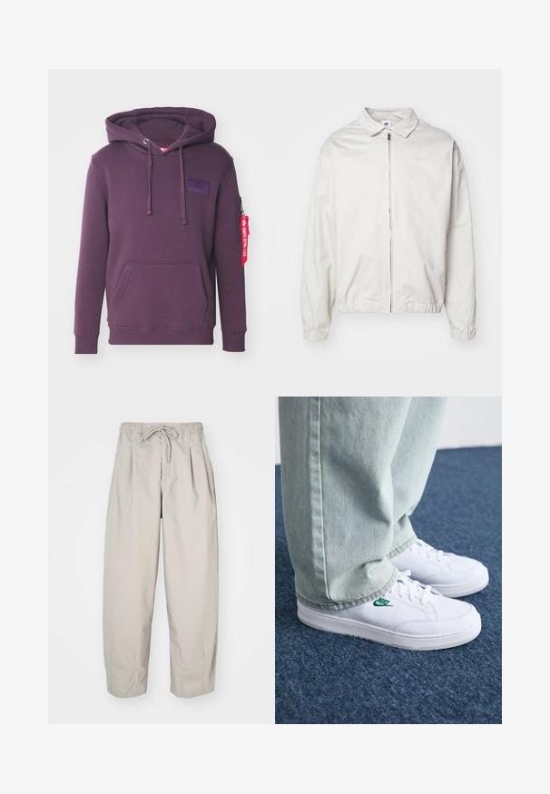 White, lightweight Nike jacket with a collared neckline, front zipper, elastic cuffs, and a small logo on the left chest. Smooth texture.; Purple hoodie made of soft fabric with a front pocket, drawstrings, side zipper pocket, and a fabric tag hanging from the sleeve.; Beige, lightweight trousers with an elastic waistband and drawstring. Features pleats and a loose fit, crafted from soft, smooth fabric.; White leather sneakers with green Nike logo, round toe, flat sole, paired with light blue denim pants, shown on a blue carpet.