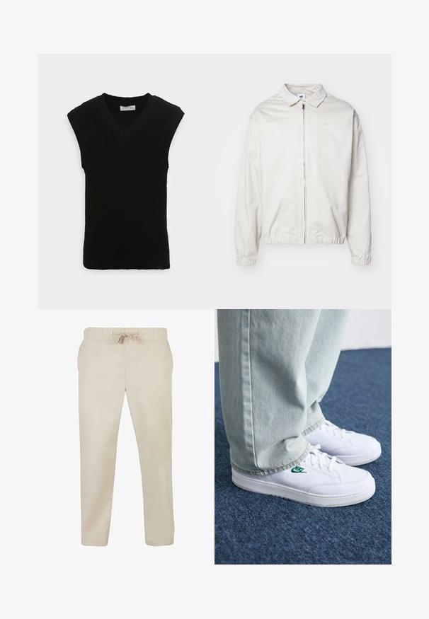 Veste Nike blanche et légère avec un col, fermeture éclair à l'avant, poignets élastiques et un petit logo sur la poitrine gauche. Texture lisse.; Gilet en maille sans manches noir avec un design en V et une texture côtelée, présentant un ourlet lisse et sans embellissements supplémentaires.; Pantalons en coton beiges avec une taille élastique et un cordon de serrage. Design à jambes droites, texture lisse et poches latérales.; Baskets en cuir blanc avec logo Nike vert, bout rond, semelle plate, associées à un pantalon en denim bleu clair, présentées sur un tapis bleu.