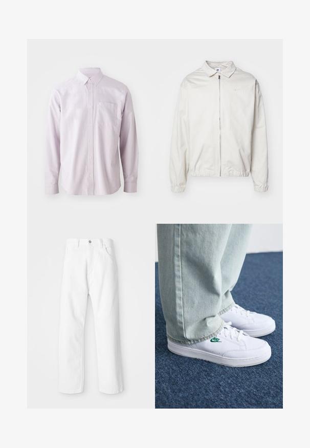 Giacca Nike bianca, leggera, con colletto, zip frontale, polsini elasticizzati e un piccolo logo sul lato sinistro del petto. Texture liscia.; Camicia a maniche lunghe color viola chiaro, realizzata in cotone, con taschino sul petto e colletto classico con bottoni bianchi.; T-shirt bianco in cotone con maniche corte e colletto tondo. Presenta un piccolo e discreto logo Nike sul petto e un'etichetta laterale.; Pantaloni in denim bianco con design a gamba dritta, dotati di chiusura frontale con bottone e cerniera, cinque tasche e una finitura pulita e strutturata.; Sneakers in pelle bianca con logo Nike verde, punta rotonda, suola piatta, abbinati a pantaloni in denim azzurro, mostrati su un tappeto blu.