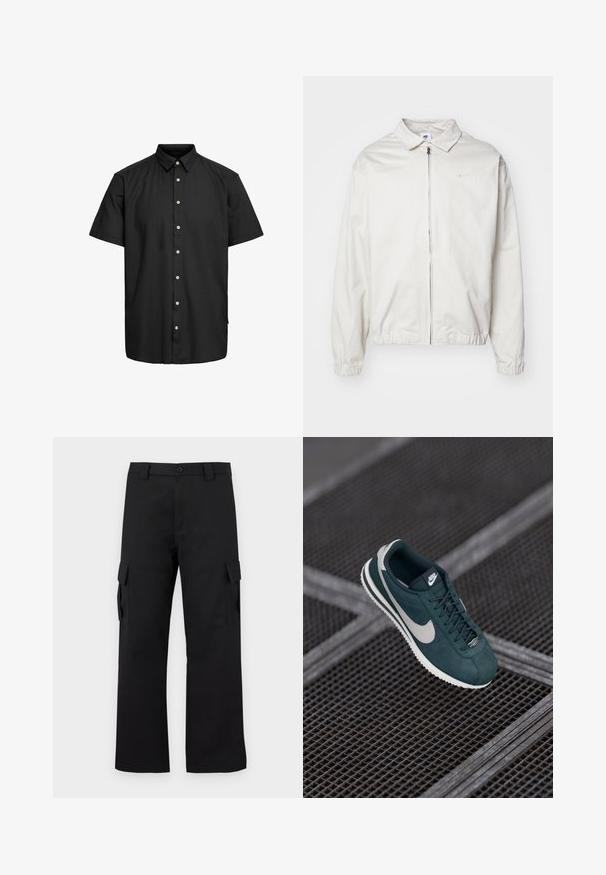 Bela, lahka Nike jakna z ovratnikom, sprednjim zadrgo, elastičnimi manšetami in majhnim logotipom na levem prsnem delu. Gladka tekstura.; Črna kratkosleeve srajca iz gladkega materiala, z ovratnikom tipa button-down, sprednjimi gumbi z svetlimi detajli in ravnim robom.; Črne cargo hlače s ravnim krojem. Narejene so iz trpežnega materiala in imajo dve stranski žepi s poklopcem ter gumbasto zaponko.; Nike superge iz temno zelene usnjene umetnine z sivo obrobo, z okroglo prstnim delom, ravnimi vezalkami in strukturno gumijasto podplatom. Logo na jeziku.