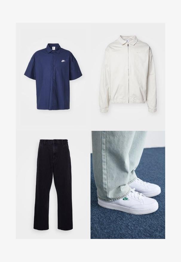 Casaco Nike branco e leve, com gola, fecho frontal, punhos elásticos e um pequeno logótipo no lado esquerdo do peito. Textura suave.; Camisa de botão de manga curta azul-marinho com textura enrugada e um logo branco da Nike no lado esquerdo do peito. Apresenta um colarinho padrão e botões pretos.; T-shirt de algodão branco com mangas curtas e decote redondo. Apresenta um pequeno e discreto logótipo da Nike no peito e uma etiqueta lateral.; Calças de denim pretas com um design de perna reta, apresentando um fecho de botão e zíper, passantes para cinto e detalhes de costura mínimos.; Tênis de couro brancos com logo verde da Nike, bico redondo, sola plana, combinados com calças de denim azul claro, exibidos sobre um tapete azul.