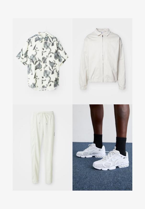 Hvid, letvægts Nike-jakke med kravehals, lynlås foran, elastiske ærmer og et lille logo på venstre bryst. Glat tekstur.; Kortærmet skjorte i en cremefarvet stof med et gråt blomstermønster, med knaplukning foran og en klassisk krave.; Hvide slim-fit joggerbukser med elastisk talje og snor, med side-søm-detaljer og en lille sort lap på det højre ben.; Hvide atletik-sko med mesh-overdel, teksturerede accenter og polstret sål. Parret med sorte ribbede ankelstrømper på en blå tæppebelagt overflade.