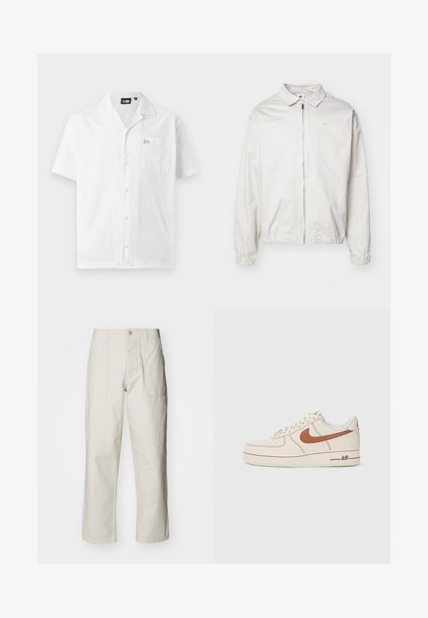 Fehér, könnyű Nike dzseki, galléros nyakkal, elöl cipzárral, elasztikus mandzsettákkal és kis logóval a bal melle részén. Simaszerű textúra.; Fehér, rövid ujjú ing sima anyagból; hegyes gallérral, gombos záródással és bal oldali mellzsebbel rendelkezik, amelyen logórészlet található.; Világos bézs, bő szárú nadrág, pamutból készült. Elöl zsebekkel és gombos záródással rendelkezik. Simított textúrájú, finom függőleges csíkokkal.; Nike Air Force 1 sneaker krém bőrből készült felsőrésszel, barna logóval és varrási részletekkel. Kerek orral és textúrált gumitalppal rendelkezik.