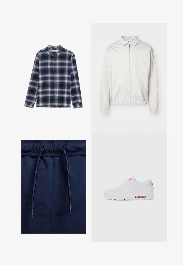 Valkoinen, kevyt Nike-takki, jossa on kauluksellinen kaula-aukko, etuvetoketju, joustavat hihansuut ja pieni logo vasemmalla rinnalla. Sujuva pinta.; Sininen ja musta ruutuinen flanellipaita pitkillä hihoilla, jossa on klassinen kaulus ja vaaleat ruutukuviot. Edessä nappikiinnitys.; Tummansininen väkerretyt vyötäröshortsit, joissa on joustava vyötärö, teksturoitu nauha ja sileä kangas.; Valkoinen urheilujalkine, jossa on sileä päällinen, nauhakiinnitys, pehmustettu pohja ja näkyvä ilmayksikkö, jossa on punaisia yksityiskohtia brändissä.