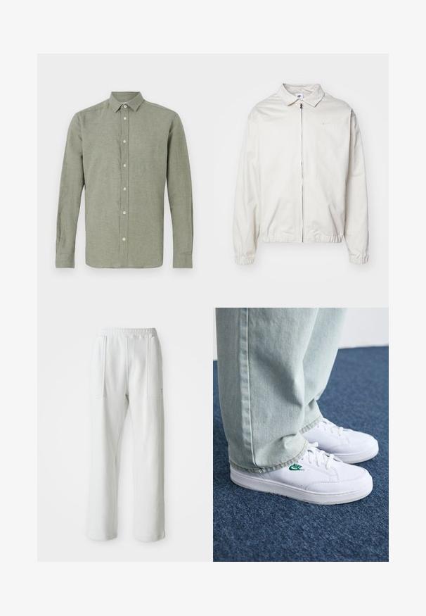Veste Nike blanche et légère avec un col, fermeture éclair à l'avant, poignets élastiques et un petit logo sur la poitrine gauche. Texture lisse.; Chemise à manches longues, à col, de couleur vert clair, fabriquée en tissu texturé, dotée d'une fermeture à boutons sur toute la longueur et d'un ourlet droit.; Pantalons blancs décontractés avec une taille élastique et de grandes poches avant, présentés sur un fond clair et uni.; Baskets en cuir blanc avec logo Nike vert, bout rond, semelle plate, associées à un pantalon en denim bleu clair, présentées sur un tapis bleu.