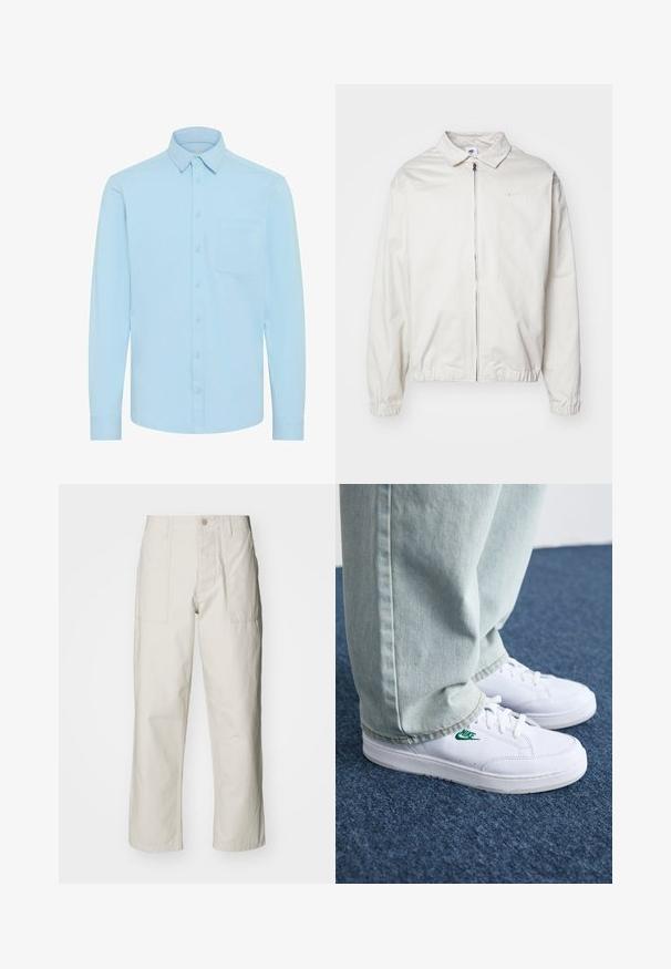 White, lightweight Nike jacket with a collared neckline, front zipper, elastic cuffs, and a small logo on the left chest. Smooth texture.; Light blue button-up shirt with long sleeves, a classic collar, and a single chest pocket. Made from a smooth fabric with a plain design.; Light beige wide-leg pants made of cotton. Features front pockets and a button closure. Smooth texture with subtle vertical lines.; White leather sneakers with green Nike logo, round toe, flat sole, paired with light blue denim pants, shown on a blue carpet.
