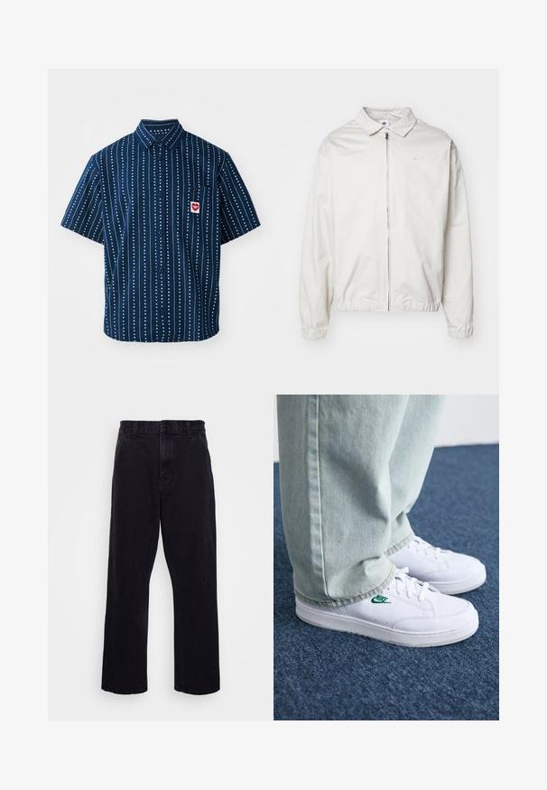 Chaqueta blanca y ligera de Nike con cuello tipo camisa, cremallera frontal, puños elásticos y un pequeño logotipo en el lado izquierdo del pecho. Textura suave.; Camisa de manga corta con botones en tejido azul marino con rayas verticales blancas y pequeños patrones de corazones; cuenta con un bolsillo en el pecho con detalle de logo.; Camiseta de algodón blanca con mangas cortas y cuello redondo. Presenta un pequeño y sutil logo de Nike en el pecho y una etiqueta lateral.; Pantalones de mezclilla negros con un diseño de pierna recta, que cuentan con un cierre de botón y cremallera, presillas para cinturón y detalles de costura mínimos.; Zapatillas de cuero blanco con logo de Nike verde, puntera redonda, suela plana, combinadas con pantalones de mezclilla azul claro, sobre una alfombra azul.