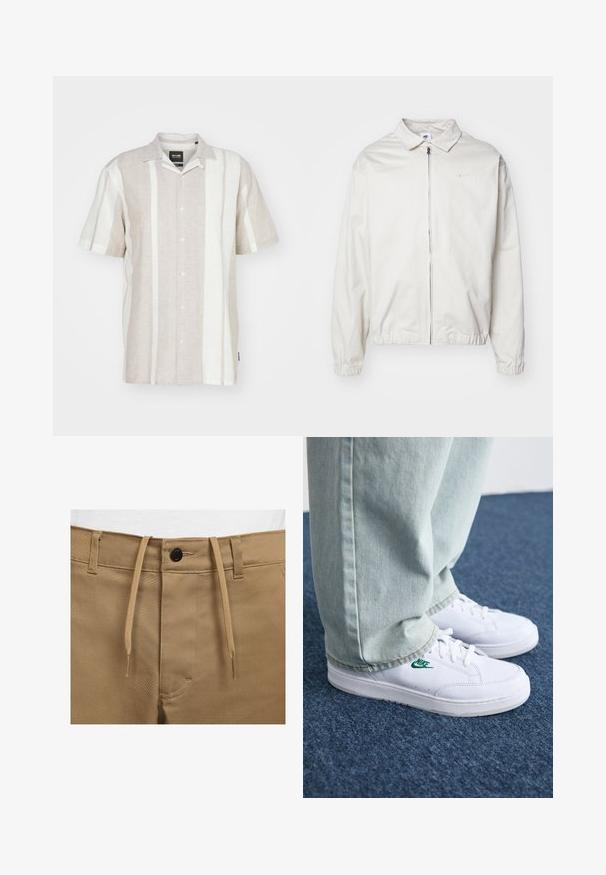 Weiße, leichte Nike-Jacke mit kragenförmigem Ausschnitt, Reißverschluss vorne, elastischen Bündchen und einem kleinen Logo auf der linken Brust. Glatte Textur.; Kurzärmliges Leinenhemd in hellbeige mit vertikalen elfenbeinfarbenen Streifen, mit geknöpften Vorderseite und klassischem Kragendesign.; Nike Sportswear M NL EL - Stoffhose - dark driftwood white; Weiße Leder-Sneaker mit grünem Nike-Logo, runde Zehenpartie, flache Sohle, kombiniert mit hellblauen Jeans, präsentiert auf einem blauen Teppich.
