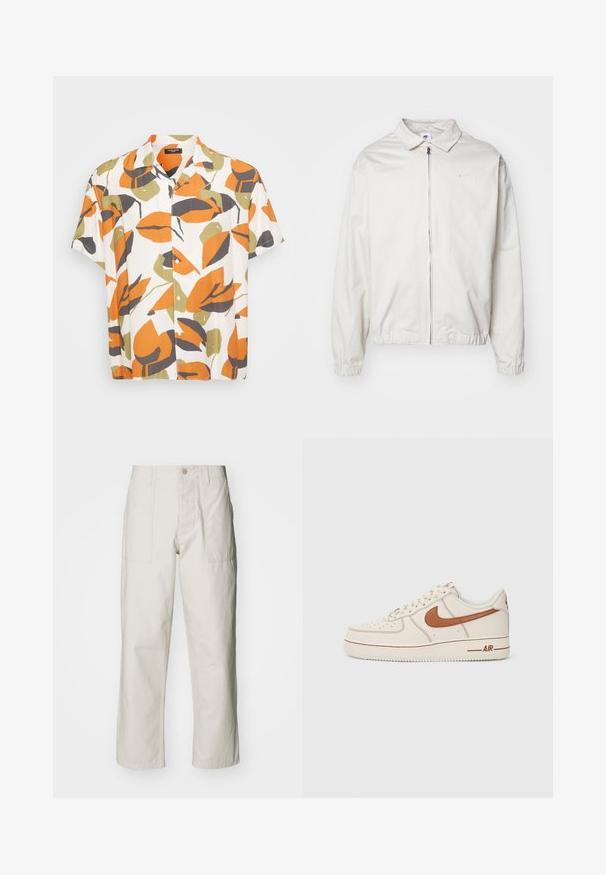Veste Nike blanche et légère avec un col, fermeture éclair à l'avant, poignets élastiques et un petit logo sur la poitrine gauche. Texture lisse.; Chemise à manches courtes en tissu léger, avec un fond blanc orné de grands motifs de feuilles orange, vertes et grises. Devant à boutons.; Pantalons larges beige clair en coton. Dotés de poches avant et d'une fermeture à bouton. Texture lisse avec de légères lignes verticales.; Baskets Nike Air Force 1 avec une tige en cuir crème, logo marron et détails de couture. Présente un bout arrondi et une semelle en caoutchouc texturé.
