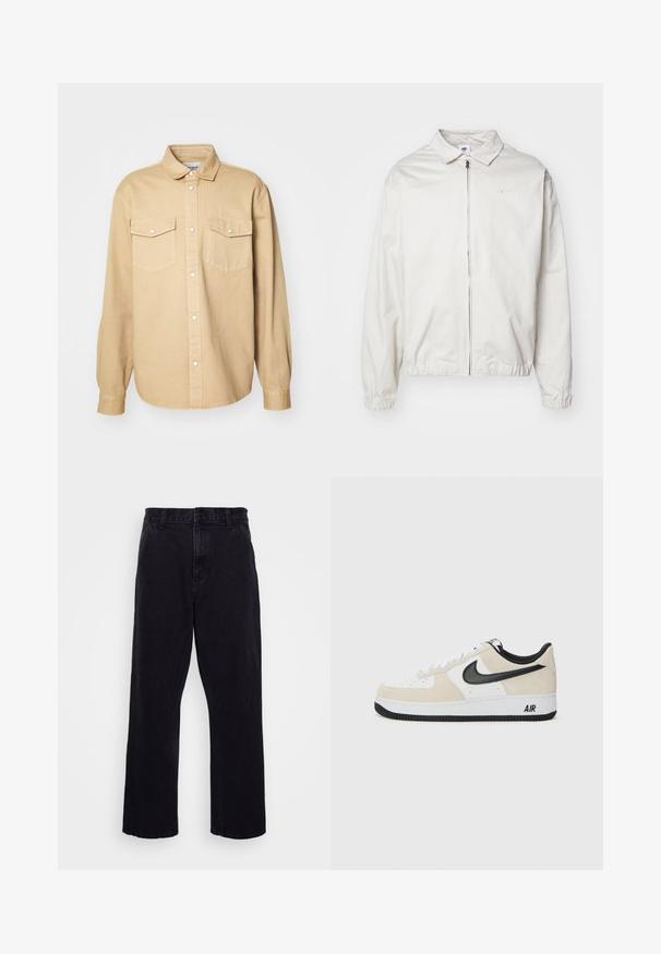 Vit, lättvikts Nike-jacka med krage, dragkedja framtill, elastiska ärmslut och en liten logotyp på vänster bröst. Slät textur.; Beige skjorta med knappar i bomull, med klassisk krage, två bröstfickor och långa ärmar med knäppa manschetter.; Vit bomull t-shirt med korta ärmar och rund hals. Har en liten, diskret Nike-logotyp på bröstet och en sidetikett.; Svarta denimbyxor med rak ben-design, med knapp- och dragkedjestängning, bältesöglor och minimala sömdetaljer.; Sneakers med en ljus beige mocka och vit läderöverdela, svart Nike swoosh, svarta detaljer och en vit gummisula med "AIR"-branding.