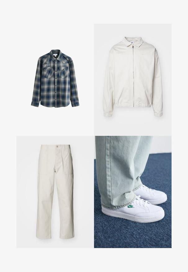 Jachetă Nike albă, ușoară, cu guler, fermoar frontal, manșete elastice și un logo mic pe pieptul stâng. Textură netedă.; Cămașă cu mâneci lungi în carouri albastre și gri, cu guler cu nasturi, două buzunare pe piept și o textură ușor decolorată. Include închizători cu capse.; Pantaloni wide-leg de culoare bej deschis, confecționați din bumbac. Dispun de buzunare frontale și închidere cu nasture. Textură netedă cu linii verticale subtile.; Adidași din piele albă cu logo-ul Nike verde, vârf rotund, talpă plată, asortați cu pantaloni din denim bleu deschis, prezentați pe un covor albastru.