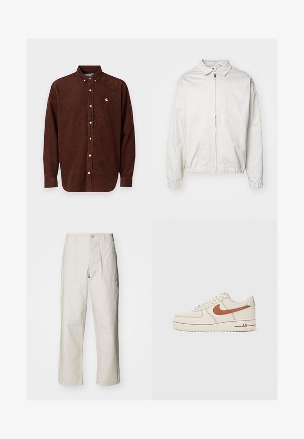 Balta, viegla Nike jaka ar apkakles kaklu, priekšējo rāvējslēdzēju, elastīgām piedurknēm un mazu logotipu kreisajā krūtī. Gluda tekstūra.; Carhartt WIP MADISON SHIRT - Krekls - offroad; Gaiši bežs platā kāju bikses, izgatavotas no kokvilnas. Iekļautas priekšējās kabatas un pogu aizdare. Gluda tekstūra ar smalkām vertikālām līnijām.; Nike Air Force 1 kedas ar krēmkrāsas ādas augšdaļu, brūnu logotipu un šuvju detaļām. Iespējo apaļu purngalu un faktūru gumijas zoli.