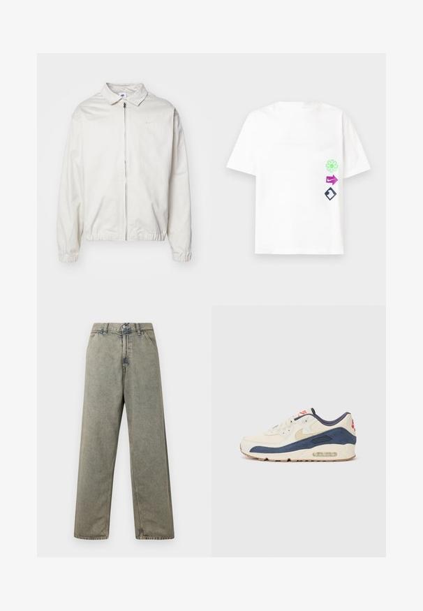 Valge, kerge Nike jakk, milles on krae, ees lukk, elastsed mansetid ja väike logo vasakul rinnal. Sile tekstuur.; Valge lühikeste varrukatega t-särk, millel on lõdvestatud istuvus, ja kolm värvilist graafilist kujundust: roheline lill, lilla noolt ja must rombikujun.; Laiad denim teksad tuhmrohelises värvitoonis, millel on nööpide sisenemine ja traditsiooniline viie tasku kujundus nähtavate õmblusdetailidega.; Kreem nahk ja tumesinise nubukiga ülaosa, millel on nähtav õhksool, beež kummist välistald ja punane aktsent kanna peal.