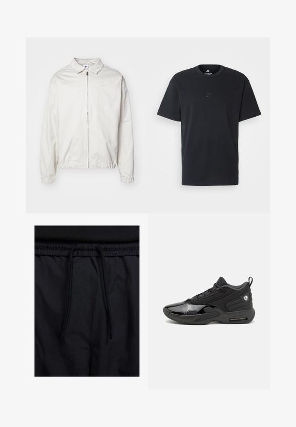 Fehér, könnyű Nike dzseki, galléros nyakkal, elöl cipzárral, elasztikus mandzsettákkal és kis logóval a bal melle részén. Simaszerű textúra.; Fekete pamut póló Nike márkájú, klasszikus, kerek nyakú, rövid ujjú, és letisztult, dombornyomott logóval a mellkason. Simább textúra.; Fekete rövidnadrág, húzózsinórral ellátott derékrésszel, könnyű anyagból, sima felszínen, egyszerű dizájnnal, látható logók vagy minták nélkül.; Jordan JORDAN MAX AURA 6 - Sportcipő - black/anthracite