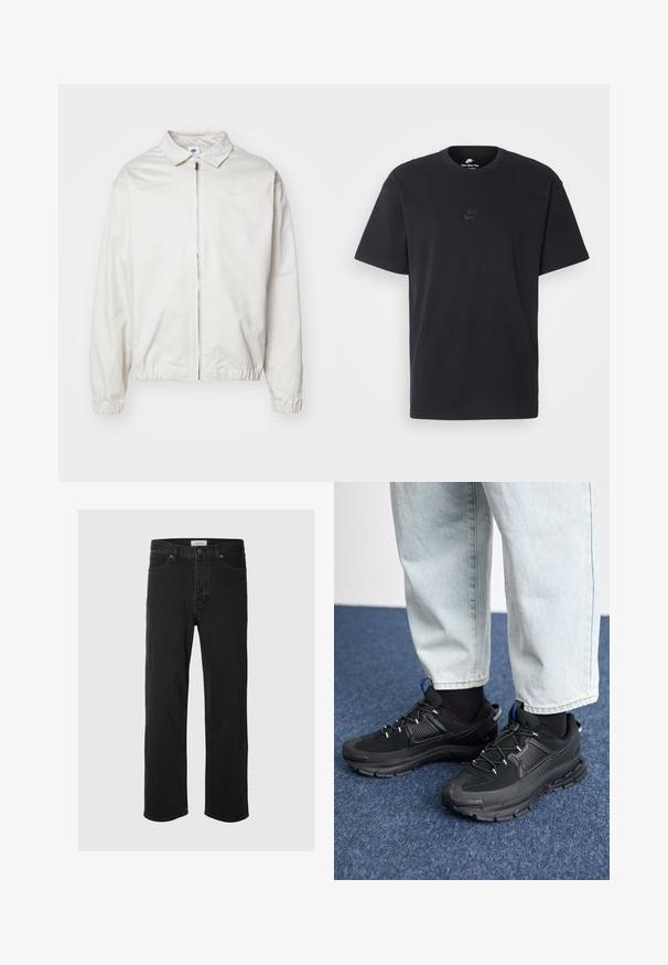 Casaco Nike branco e leve, com gola, fecho frontal, punhos elásticos e um pequeno logótipo no lado esquerdo do peito. Textura suave.; T-shirt de algodão preto da Nike com um clássico decote redondo, mangas curtas e um logótipo em relevo discreto no peito. Textura suave.; As calças jeans de ganga preta de perna reta apresentam um design clássico de cinco bolsos, com fecho de botão, costura mínima e uma textura suave.; Sapatilhas desportivas pretas com tecido texturizado e solas em borracha, apresentando atacadores elásticos e um detalhe azul no calcanhar. Usadas com calças de ganga claras.