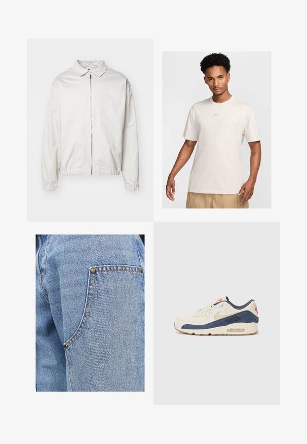 Hvit, lett Nike-jakke med kragehals, glidelås foran, elastiske mansjetter og en liten logo på venstre bryst. Glatt tekstur.; Mann med kort, krøllete hår iført beige Nike t-skjorte og khaki shorts, som står med ansiktet vendt fremover mot en ensfarget lys bakgrunn.; Lyseblå denimbukser med kontrastsøm, med en frontlomme accentuert av metallrivet og en myk, teksturert overflate.; Sko med overdel i kremfarget lær og marineblå semsket skinn, med synlig luftsåle, beige gummisåle og rød detalj på hælen.