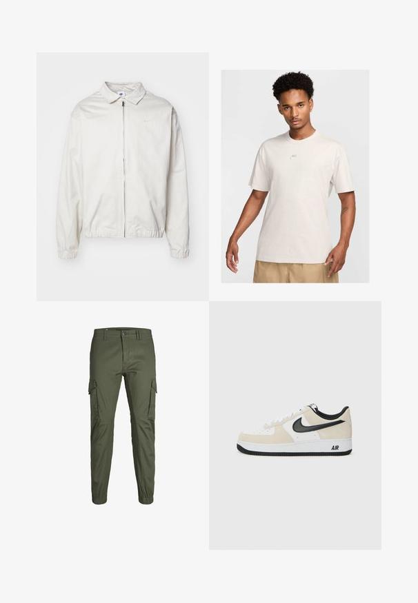 Bela, lahka Nike jakna z ovratnikom, sprednjim zadrgo, elastičnimi manšetami in majhnim logotipom na levem prsnem delu. Gladka tekstura.; Moški s kratkimi kodrastimi lasmi nosi bež Nike majico in khaki kratke hlače, obrnjeni naprej proti enostavni svetli ozadju.; Trsorji v olivno zeleni barvi, ožji kroj, izdelani iz trpežne mešanice bombaža. Imajo stranske žepke in elastične manšete na gležnjih.; Tenisice z svetlo bež semenom in belim usnjem, črnim Nike znak, črnimi detajli in belim gumijastim podplatom z oznako "AIR".