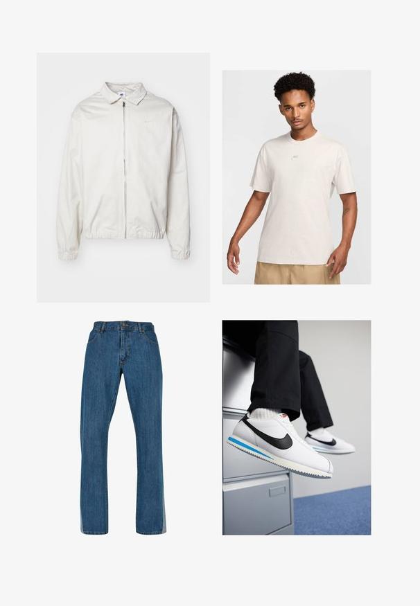 Biała, lekka kurtka Nike z kołnierzykiem, zamek błyskawiczny z przodu, elastycznymi mankietami oraz małym logo na lewej piersi. Gładka faktura.; Mężczyzna z krótkimi kręconymi włosami ma na sobie beżową koszulkę Nike i khaki szorty, stoi przodem na tle jasnego, jednolitego tła.; Niebieskie dżinsy o prostym kroju nogawki, z klasycznym pięciopocketowym wzorem, z przodem zapinanym na guzik i zamek błyskawiczny oraz widocznymi szwami.; Białe skórzane trampki z czarnym logo Nike, jasnoniebieską i szaro-rubberową podeszwą oraz klasycznym wiązanym zapięciem. Stopy opierające się na szafce na dokumenty.